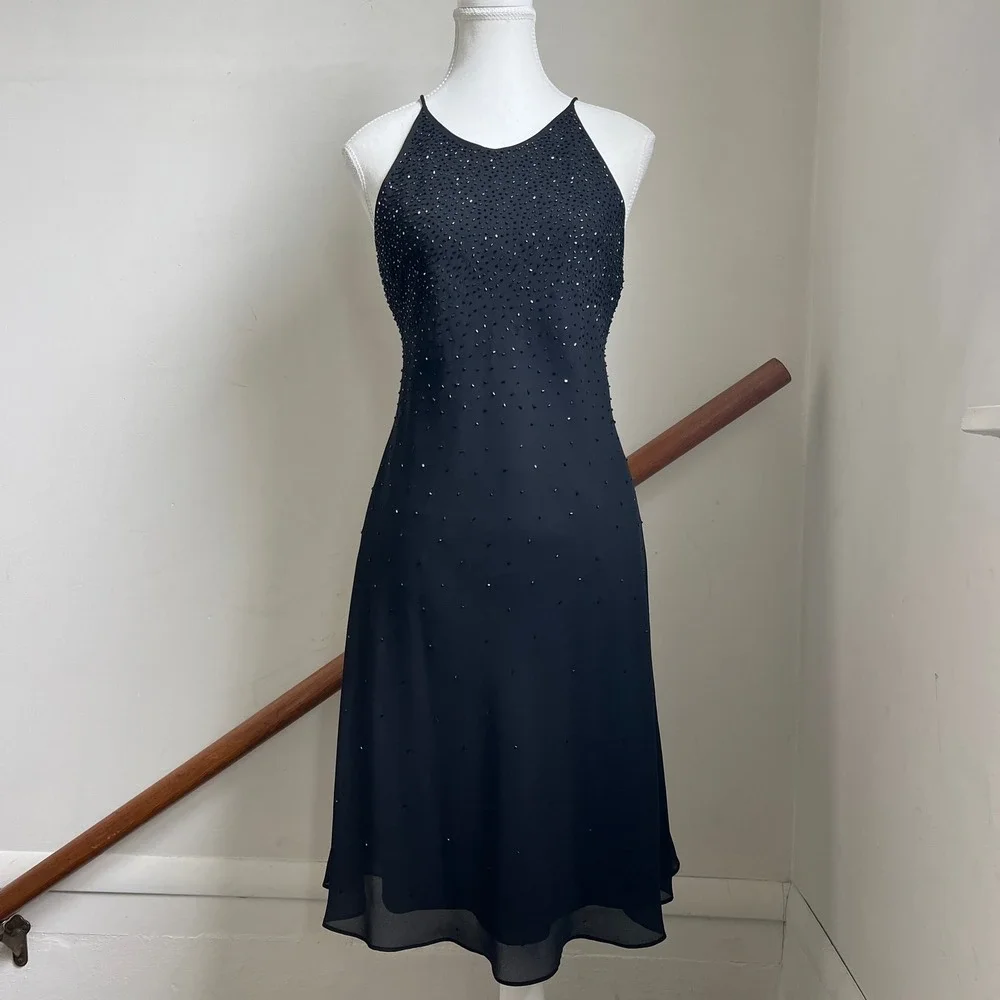 Vintage 90s black beaded formal midi‎ dress Carrie Bradshaw sparkly LBD